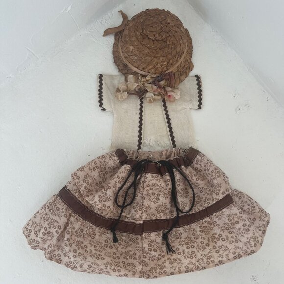 Vintage Doll Outfit Skirt & Jacket Vest & Farmer Hat w/ Flowers Beige & Brown - Picture 1 of 11